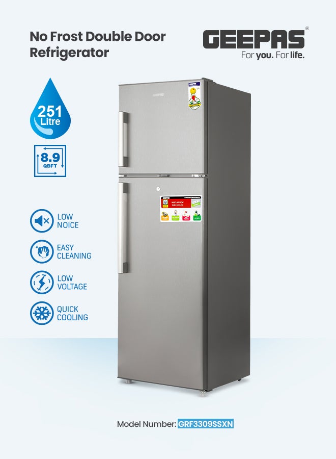 GEEPAS - Total No Frost Double Door Refrigerator - 251L Gross Capacity (53L Freezer / 198L Refrigerator) - Stainless Steel Finish - Long Lasting Freshness - Multi Air Flow - Recessed Handle - Glass Shelves - High-Quality Tempered Glass Shelves GRF3309SSXN Silver - Image 1