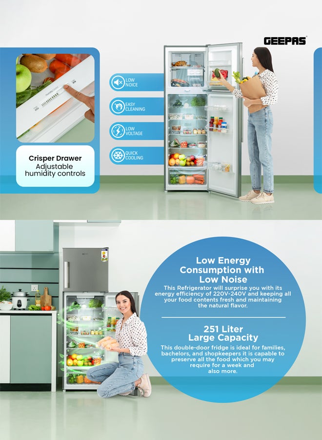 GEEPAS - Total No Frost Double Door Refrigerator - 251L Gross Capacity (53L Freezer / 198L Refrigerator) - Stainless Steel Finish - Long Lasting Freshness - Multi Air Flow - Recessed Handle - Glass Shelves - High-Quality Tempered Glass Shelves GRF3309SSXN Silver - Image 1