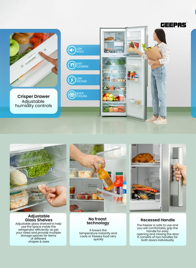 GEEPAS - Total No Frost Double Door Refrigerator - 251L Gross Capacity (53L Freezer / 198L Refrigerator) - Stainless Steel Finish - Long Lasting Freshness - Multi Air Flow - Recessed Handle - Glass Shelves - High-Quality Tempered Glass Shelves GRF3309SSXN Silver - Image 1