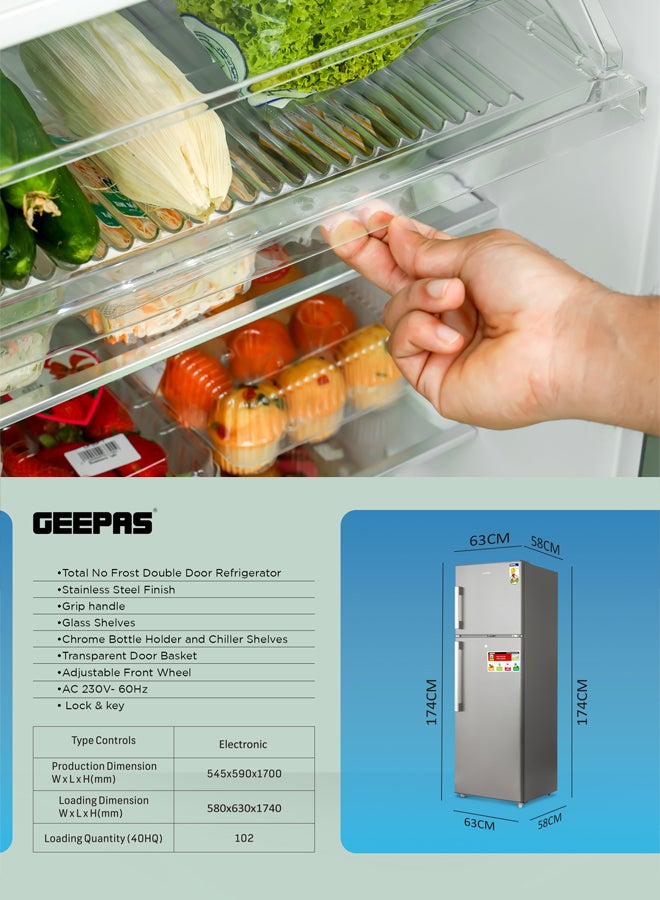 GEEPAS - Total No Frost Double Door Refrigerator - 251L Gross Capacity (53L Freezer / 198L Refrigerator) - Stainless Steel Finish - Long Lasting Freshness - Multi Air Flow - Recessed Handle - Glass Shelves - High-Quality Tempered Glass Shelves GRF3309SSXN Silver - Image 1