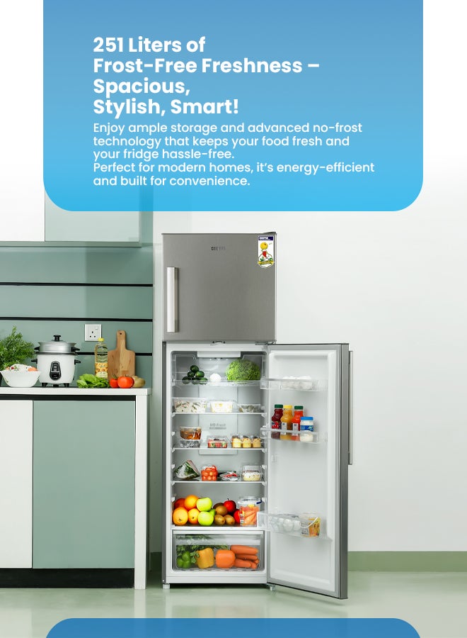 GEEPAS - Total No Frost Double Door Refrigerator - 251L Gross Capacity (53L Freezer / 198L Refrigerator) - Stainless Steel Finish - Long Lasting Freshness - Multi Air Flow - Recessed Handle - Glass Shelves - High-Quality Tempered Glass Shelves GRF3309SSXN Silver - Image 1