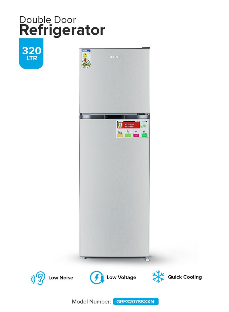GEEPAS 320L Gross / 251L Net Capacity, No Frost Double Door Free Standing Refrigerator With Multi air Flow, Twist Ice Maker, Temperature Control, Stainless Steel Finish, Glass Shelves, Fridge - 198L/Freezer- 53L capacity GRF3207SSXXN Silver  - Image 1