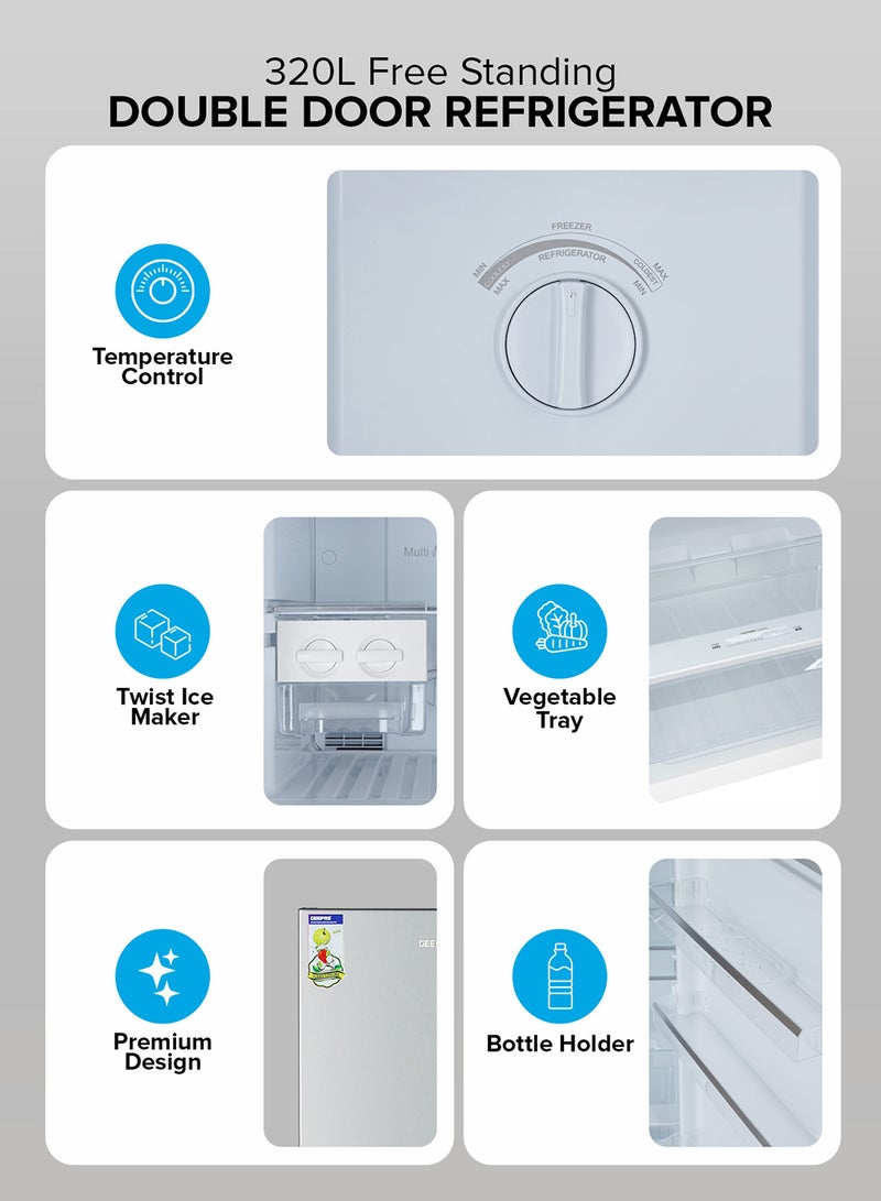 GEEPAS 320L Gross / 251L Net Capacity, No Frost Double Door Free Standing Refrigerator With Multi air Flow, Twist Ice Maker, Temperature Control, Stainless Steel Finish, Glass Shelves, Fridge - 198L/Freezer- 53L capacity GRF3207SSXXN Silver  - Image 3