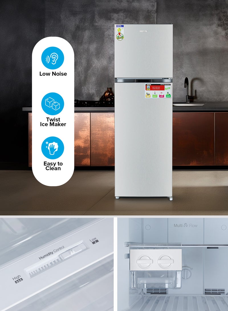 GEEPAS 320L Gross / 251L Net Capacity, No Frost Double Door Free Standing Refrigerator With Multi air Flow, Twist Ice Maker, Temperature Control, Stainless Steel Finish, Glass Shelves, Fridge - 198L/Freezer- 53L capacity GRF3207SSXXN Silver  - Image 4