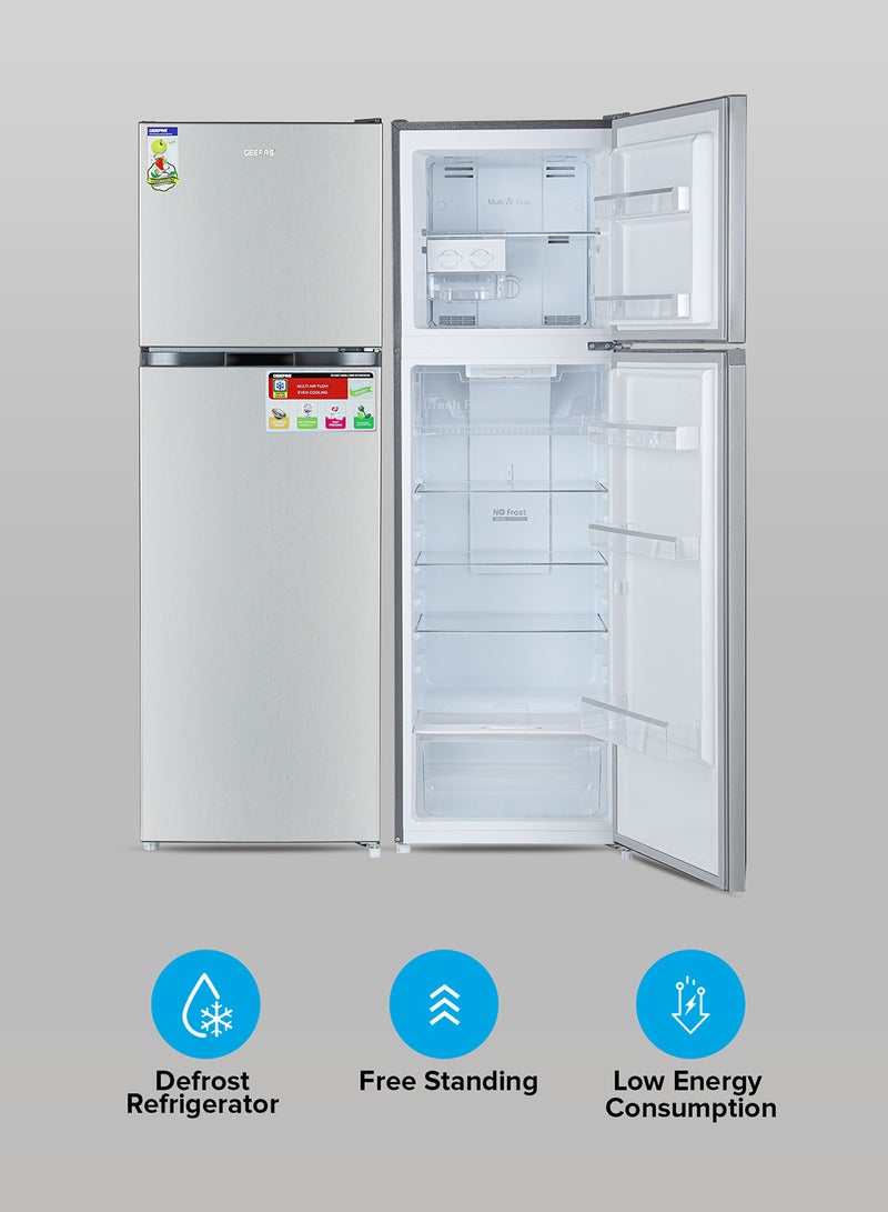 GEEPAS 320L Gross / 251L Net Capacity, No Frost Double Door Free Standing Refrigerator With Multi air Flow, Twist Ice Maker, Temperature Control, Stainless Steel Finish, Glass Shelves, Fridge - 198L/Freezer- 53L capacity GRF3207SSXXN Silver  - Image 2
