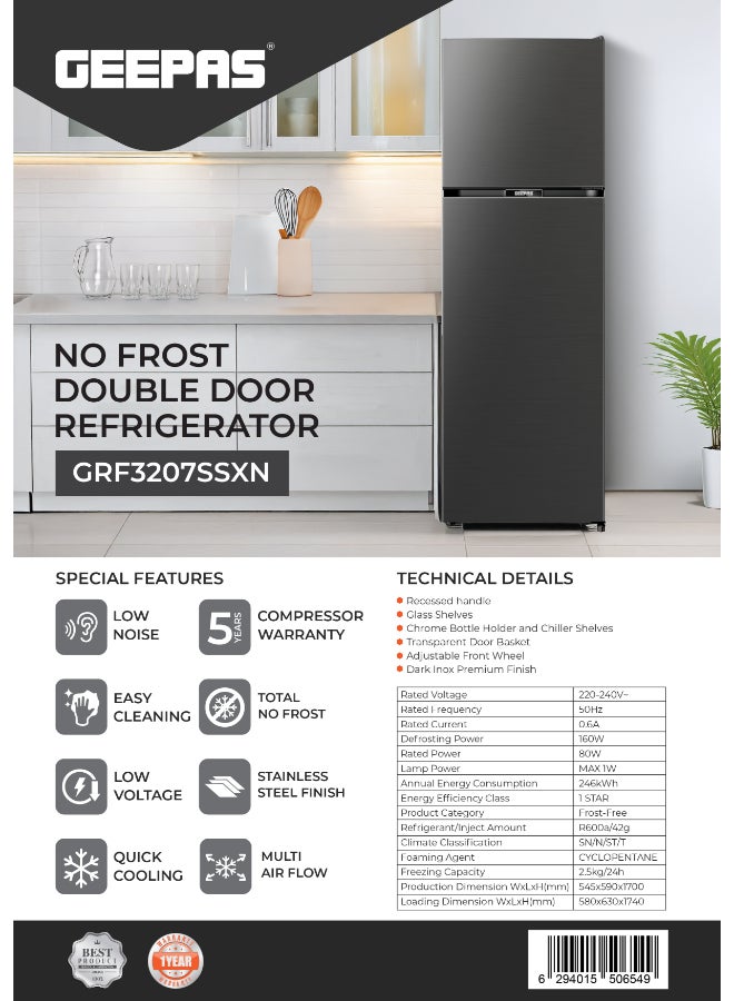 GEEPAS 320L Gross / 251L Net Capacity, No Frost Double Door Free Standing Refrigerator With Multi air Flow, Twist Ice Maker, Temperature Control, Stainless Steel Finish, Glass Shelves, Fridge - 198L/Freezer- 53L capacity GRF3207SSXXN Grey - Image 4
