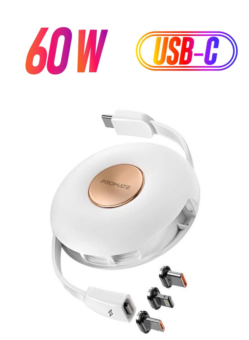 PROMATE 3-in-1 Retractable Magnetic Charging Cable 1M White  - Image 1