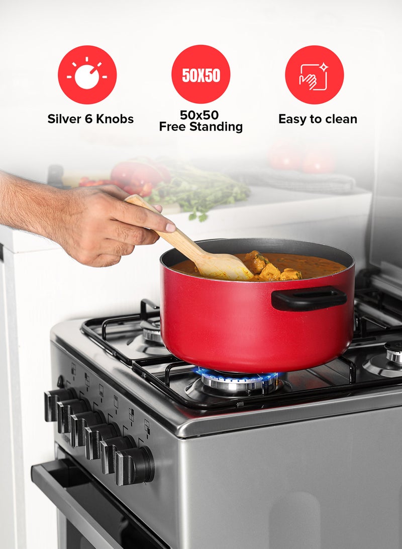 GEEPAS Cooking Range| 4 Gas Burners, Glass lid, Fixed Drawer and Stainless Steel Housing, Electric Ignition| Oven Lamp, Timer, Rotisserie, Mechanical Control, Double Glass Door, Multi Rack Support, 1 Year Warranty GCR5555 Silver/black  - Image 3