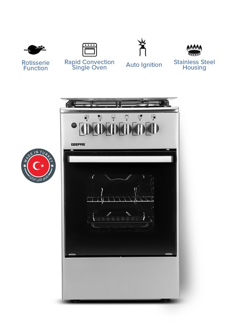 GEEPAS Cooking Range| 4 Gas Burners, Glass lid, Fixed Drawer and Stainless Steel Housing, Electric Ignition| Oven Lamp, Timer, Rotisserie, Mechanical Control, Double Glass Door, Multi Rack Support, 1 Year Warranty GCR5555 Silver/black  - Image 2