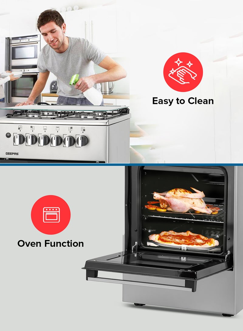 GEEPAS Cooking Range| 4 Gas Burners, Glass lid, Fixed Drawer and Stainless Steel Housing, Electric Ignition| Oven Lamp, Timer, Rotisserie, Mechanical Control, Double Glass Door, Multi Rack Support, 1 Year Warranty GCR5555 Silver/black  - Image 5