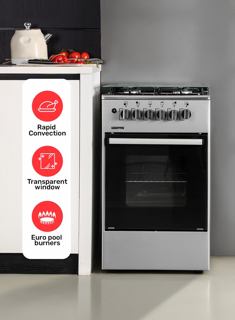 GEEPAS Cooking Range| 4 Gas Burners, Glass lid, Fixed Drawer and Stainless Steel Housing, Electric Ignition| Oven Lamp, Timer, Rotisserie, Mechanical Control, Double Glass Door, Multi Rack Support, 1 Year Warranty GCR5555 Silver/black  - Image 4