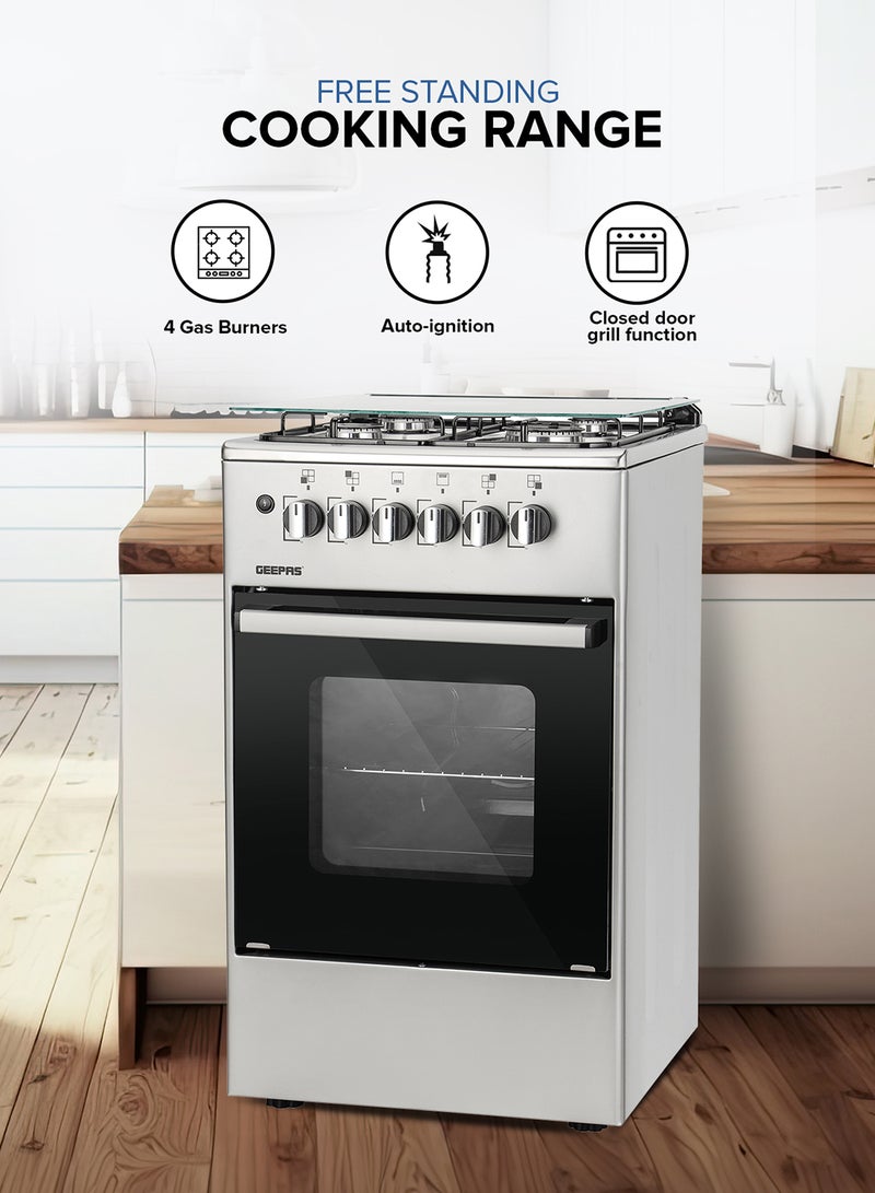 GEEPAS Cooking Range| 4 Gas Burners, Glass lid, Fixed Drawer and Stainless Steel Housing, Electric Ignition| Oven Lamp, Timer, Rotisserie, Mechanical Control, Double Glass Door, Multi Rack Support, 1 Year Warranty GCR5555 Silver/black  - Image 1