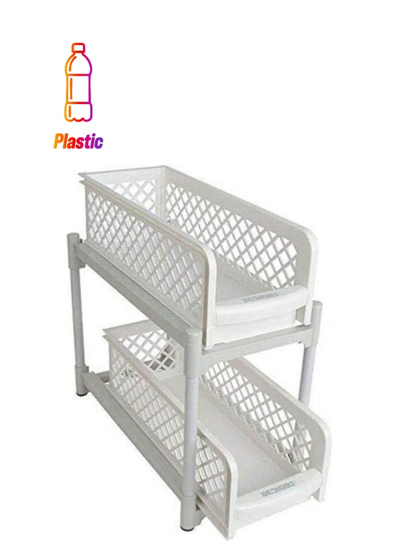 2 Tier Sliding Basket Drawers Portable Under Sink Kitchen Cupboard Storage White 7.5x14.25cm  - Image 1