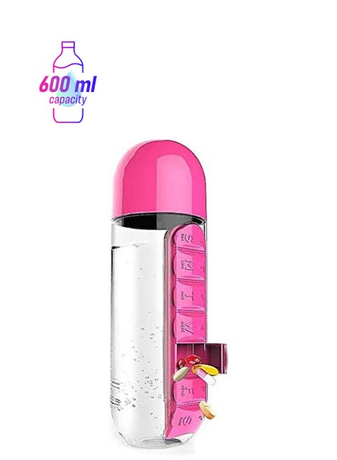 Plastic Water Bottle With Daily Pill Box Organizer Drinking Bottles Pink 600ml