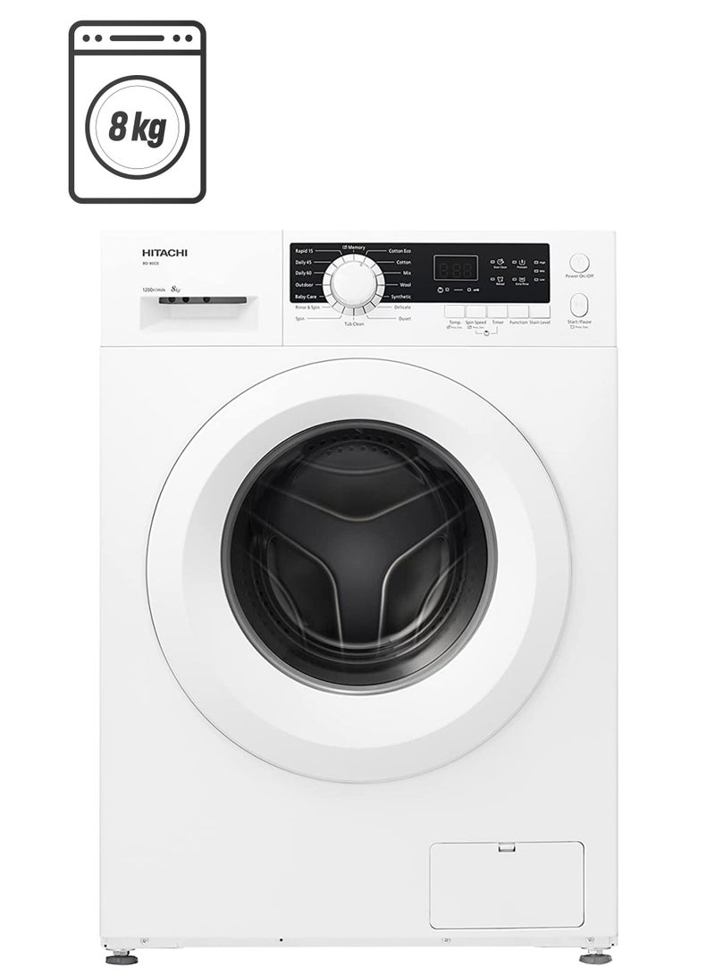 HITACHI - 8KG Front Load Washing Machine, 1200 RPM, 16 Programs, Fully Automatic Washer, Intelligent Sensor System, LED Multifunctional Display, Tangle-Free Finish, Baby Care 8 kg BD80GE3CGXWH White - Image 1