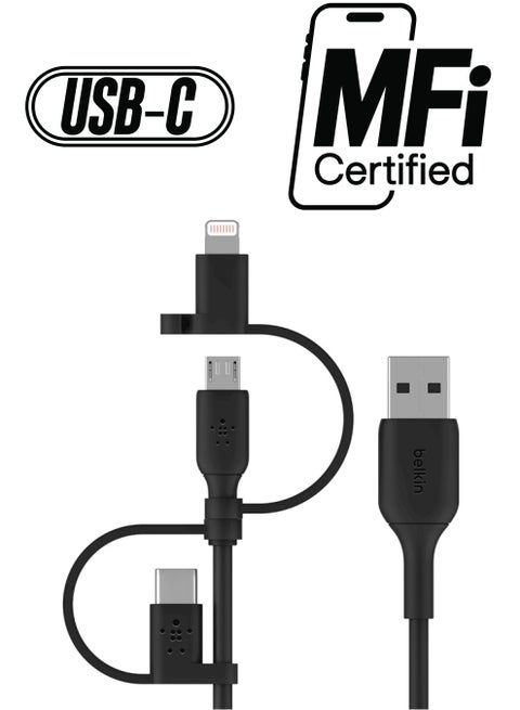Boost Charge 3-In-1 Universal USB-A Cable - Charging Cord For Apple iPhones And iPads, Galaxy, Tablets, Smartphones - USB-C, Lightning, Micro-USB - Compatible With Various Devices - 3.3 Feet Black