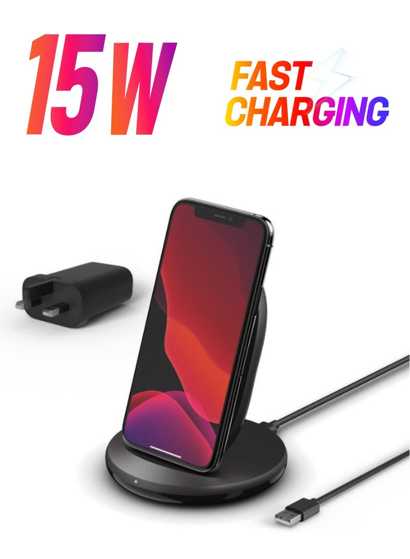 belkin Boostcharge 15W Wireless Fast Charging Stand + Qc 3.0 24W Wall Charger - Wireless Charger For Iphone, Samsung, Google Pizel, Lg And Other Qi Enable Devices Black  - Image 1