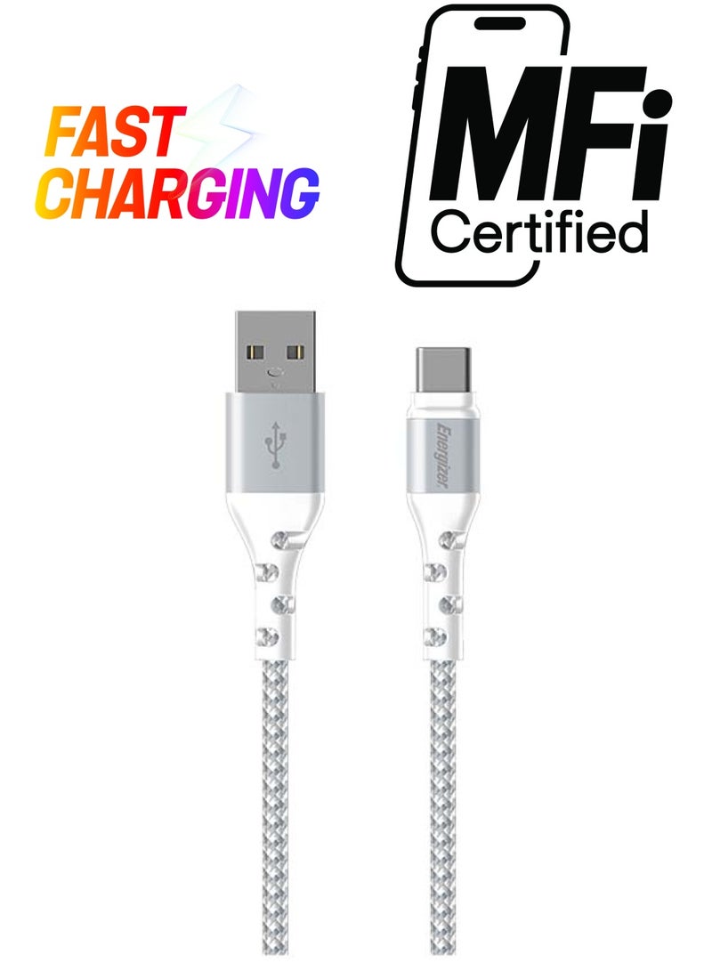 إنرجايزر كابل من USB إلى Lightning بطول مترين وتصميمٍ مضفور بالمعدن للشحن السريع ونقل البيانات بسرعة 480 ميجابت في الثانية لهاتف آيفون 13/12/11/X وجهاز آي باد أبيض - Image 1