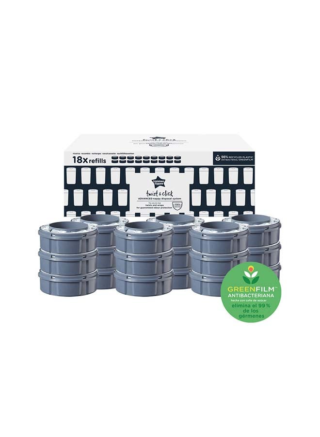 tommee tippee - Pack Of 18 Twist And Click Advanced Nappy Bin Refill Cassettes, Sustainably Sourced Antibacterial Greenfilm Grey - Image 1