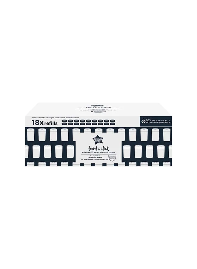 tommee tippee Pack Of 18 Twist And Click Advanced Nappy Bin Refill Cassettes, Sustainably Sourced Antibacterial Greenfilm Grey