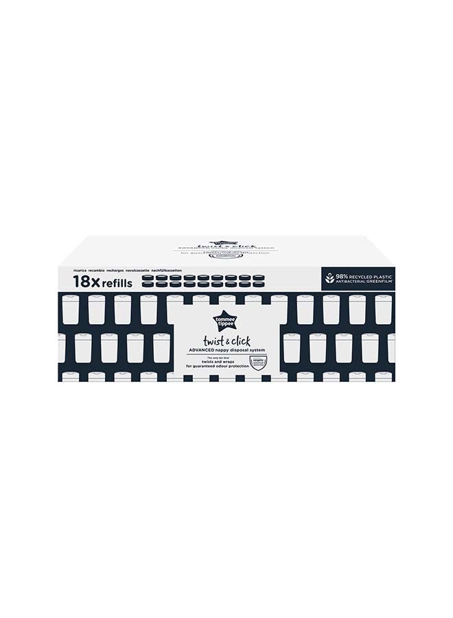 tommee tippee - Pack Of 18 Twist And Click Advanced Nappy Bin Refill Cassettes, Sustainably Sourced Antibacterial Greenfilm Grey - Image 1