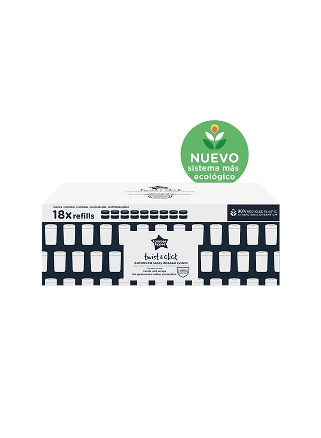 tommee tippee - Pack Of 18 Twist And Click Advanced Nappy Bin Refill Cassettes, Sustainably Sourced Antibacterial Greenfilm Grey - Image 1