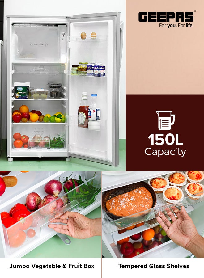 جيباس ثلاجة Direct Cool سعة 150 لترًا وفريزر كبير وسلة باب شفافة وأرفف زجاجية وثلاجة ذات عجلة أمامية قابلة للتعديل مع قفل ومفتاح 125 kW GRF2009SPE لون فضي  - Image 5