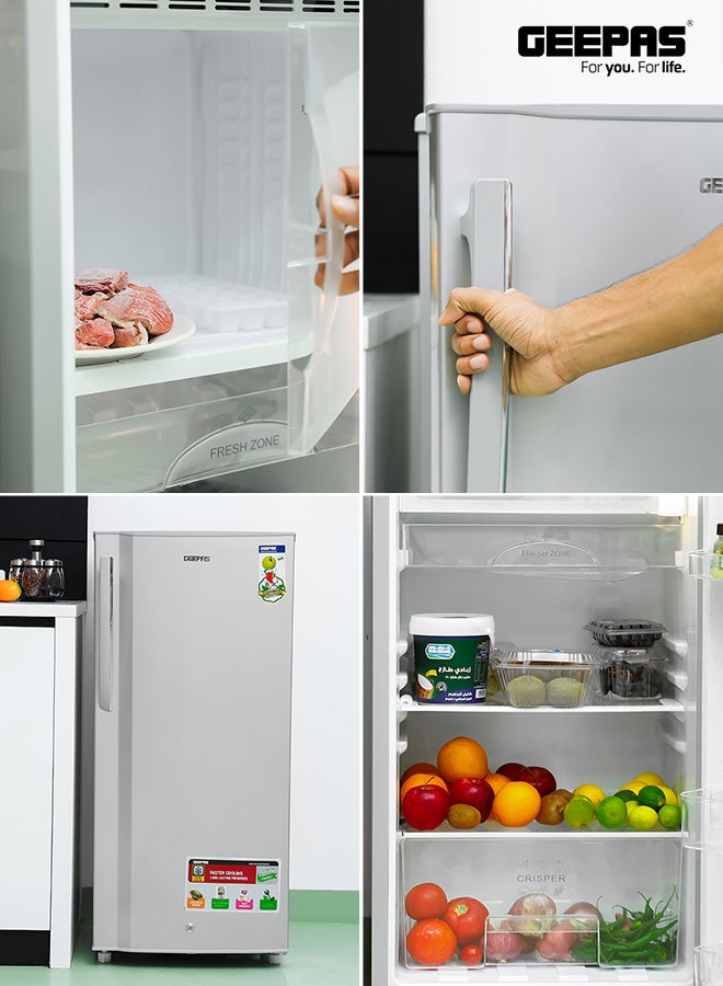 GEEPAS - Direct Cool Refrigerator 150L Large Freezer Transparent Door Basket Glass Shelves Adjustable Front Wheel Fridge With Lock And Key 125 kW GRF2009SPE Silver - Image 1