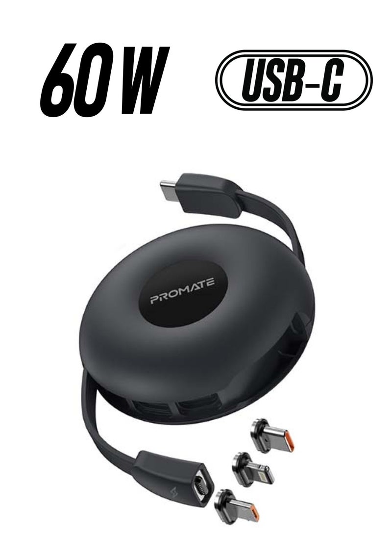PROMATE 3-in-1 Retractable Magnetic Charging Cable 1M Black  - Image 1