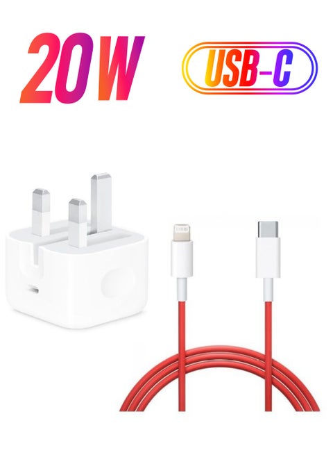 20W USB-C Power Adapter with Fast Charge USB-C to Lightning Cable 1m White/Red