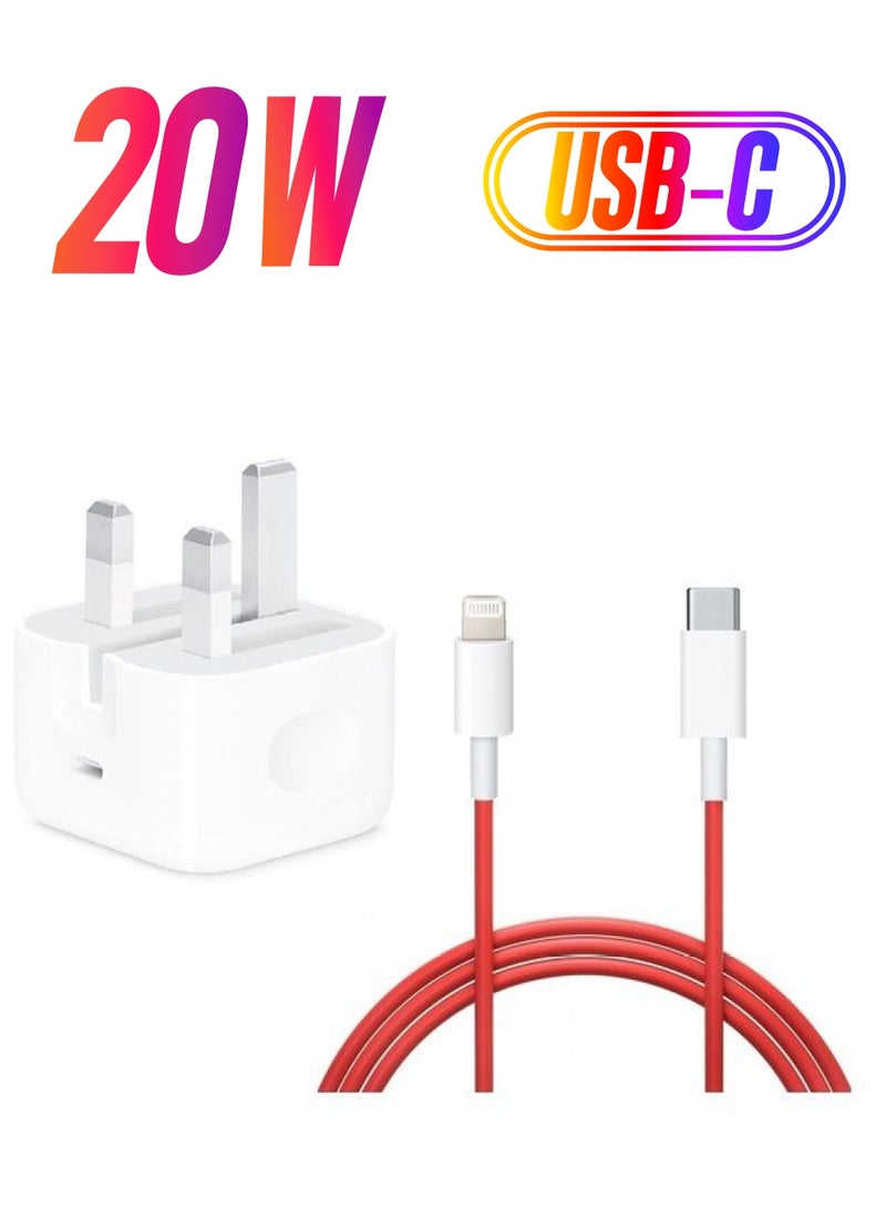 MARGOUN - 20W USB-C Power Adapter with Fast Charge USB-C to Lightning Cable 1m White/Red - Image 1