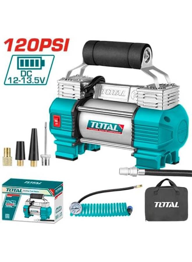 Total Tools Heavy Duty 12V Portable Air Compressor Tire Inflator, 120 PSI Double Cylinder with Pressure Gauge, LED Light & 5M Air Hose - Image 1