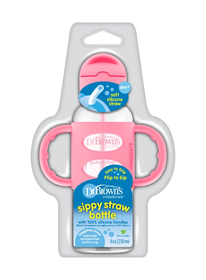 Dr. Brown’s - 8 Oz/250 Ml Anti-Colic Pp Narrow Sippy Straw Bottle With Silicone Handles, Pink, 1-Pack - Image 1