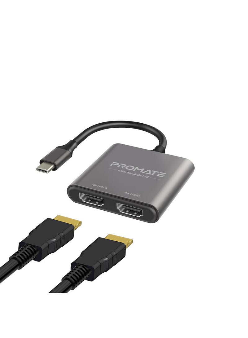PROMATE USB-C To HDMI Adapter, Ultra HD 4k 60hz Type-C To HDMI Adapter Converter With Dual HDMI Ports, Compact Travel-Friendly Design For MacBook Pro, iPad Air, Samsung Galaxy S25, MediaLink-H2 - Grey  - Image 1