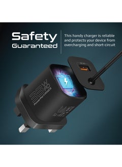 بروميت بروميت شاحن USB-C محول جداري لتوصيل الطاقة بقدرة 33 واط مع منفذ شحن سريع 3.0 بقدرة 22.5 واط، وكابل مدمج من النوع C بطول 1.5 متر وشحن آمن متكيف - أسود أسود  - Image 5