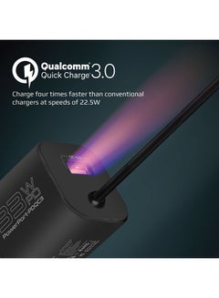 بروميت بروميت شاحن USB-C محول جداري لتوصيل الطاقة بقدرة 33 واط مع منفذ شحن سريع 3.0 بقدرة 22.5 واط، وكابل مدمج من النوع C بطول 1.5 متر وشحن آمن متكيف - أسود أسود  - Image 3