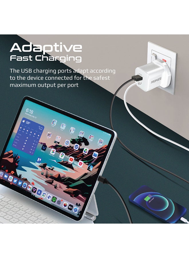 PROMATE - USB-C Charger 33W Power Delivery Wall Adapter with 22.5W Quick Charge 3.0 Port, In-Built 1.5M Type-C Cable and Adaptive Safe Charging White - Image 1