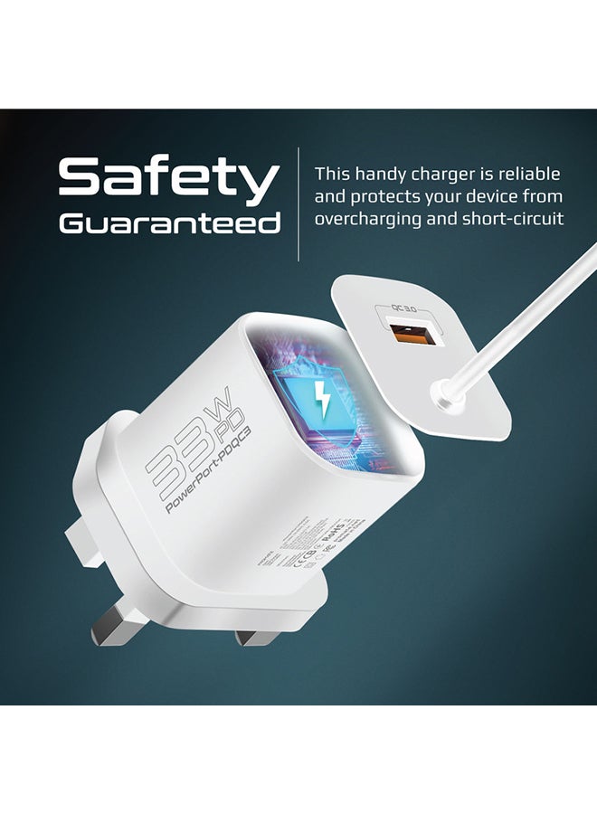 PROMATE - USB-C Charger 33W Power Delivery Wall Adapter with 22.5W Quick Charge 3.0 Port, In-Built 1.5M Type-C Cable and Adaptive Safe Charging White - Image 1
