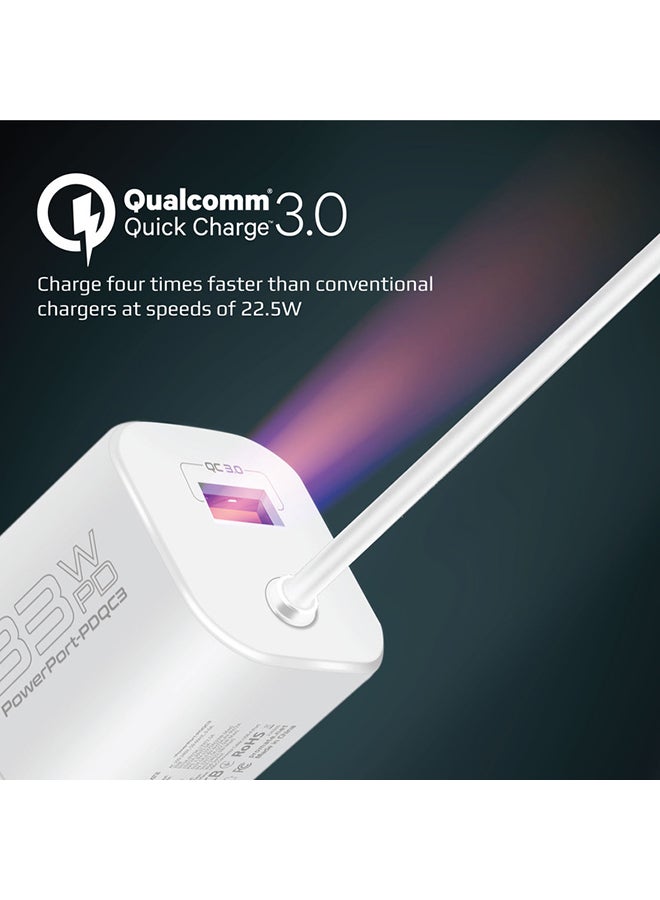 PROMATE - USB-C Charger 33W Power Delivery Wall Adapter with 22.5W Quick Charge 3.0 Port, In-Built 1.5M Type-C Cable and Adaptive Safe Charging White - Image 1