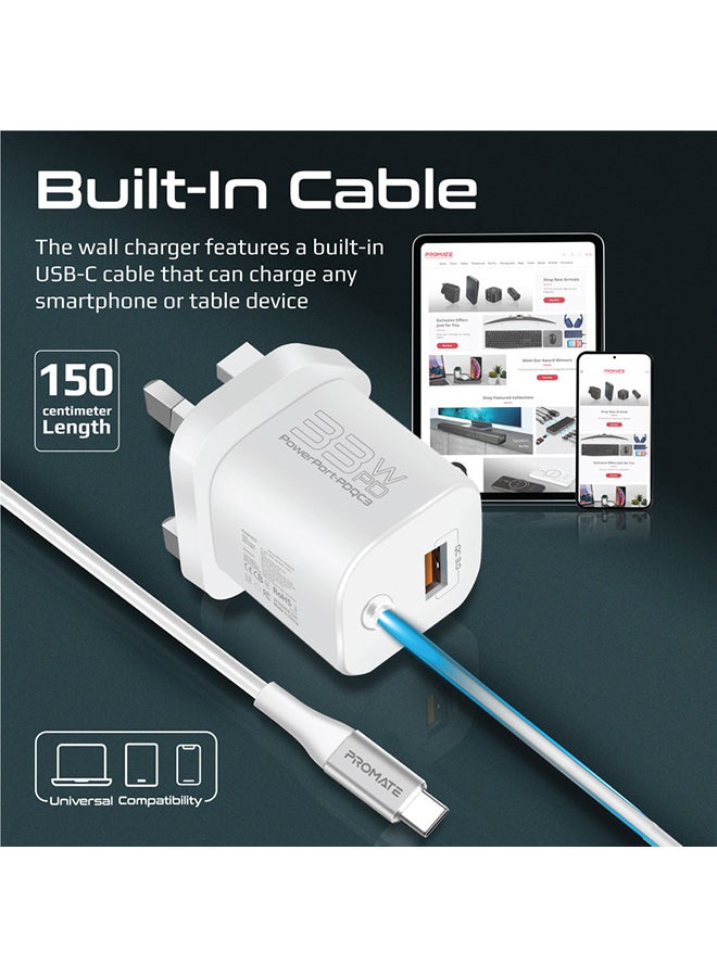 PROMATE - USB-C Charger 33W Power Delivery Wall Adapter with 22.5W Quick Charge 3.0 Port, In-Built 1.5M Type-C Cable and Adaptive Safe Charging White - Image 1