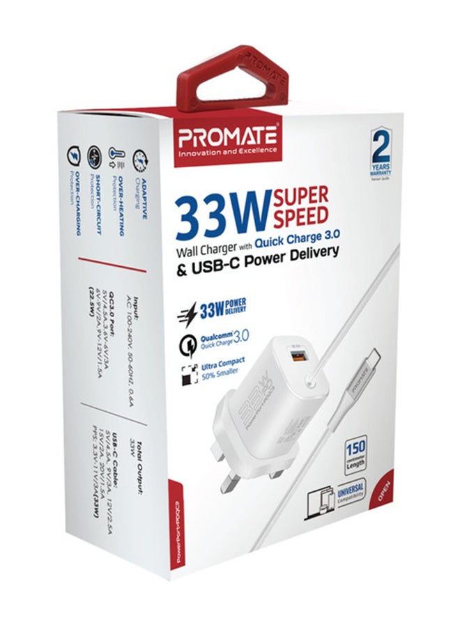 PROMATE - USB-C Charger 33W Power Delivery Wall Adapter with 22.5W Quick Charge 3.0 Port, In-Built 1.5M Type-C Cable and Adaptive Safe Charging White - Image 1