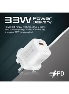 بروميت بروميت شاحن USB-C محول جداري لتوصيل الطاقة بقدرة 33 واط مع منفذ شحن سريع 3.0 بقدرة 22.5 واط، وكابل مدمج من النوع C بطول 1.5 متر وشحن آمن متكيف - أبيض أبيض  - Image 2