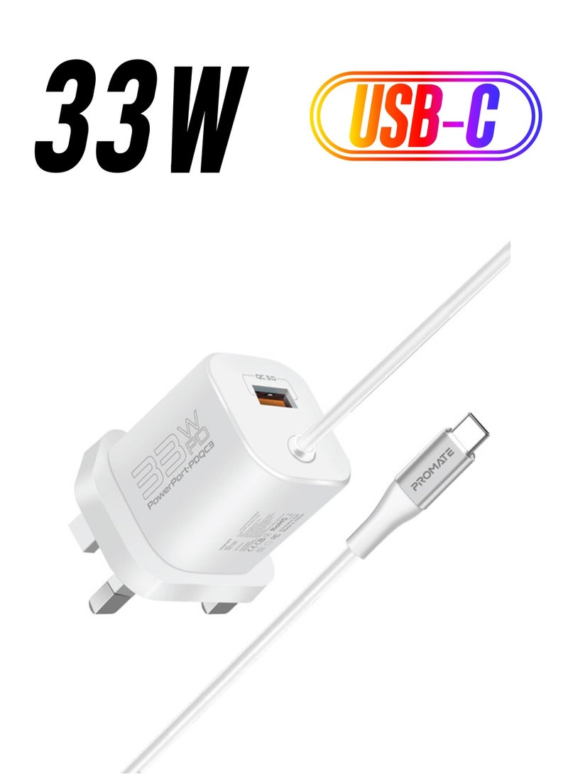 PROMATE - USB-C Charger 33W Power Delivery Wall Adapter with 22.5W Quick Charge 3.0 Port, In-Built 1.5M Type-C Cable and Adaptive Safe Charging White - Image 1