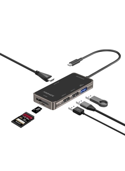 محول برايم هاب-لايت بـ3 منافذ USB-C للشحن والمزامنة ومنفذ HDMI وبفتحة بطاقات TF/ ‏SD أسود
