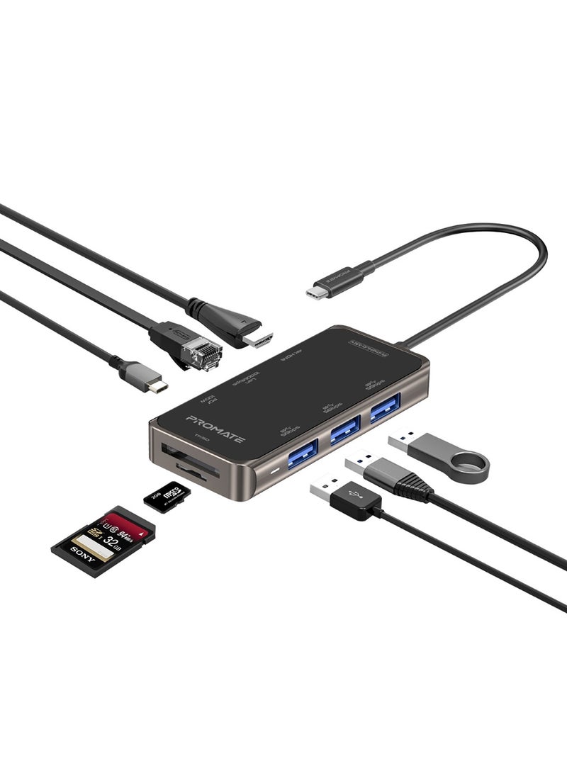 بروميت موزع برايم هاب-ميني لتوفير الطاقة بقدرة 100 وات مزود بمنفذ USB-C ومنفذ HDMI بجودة 4K ومنفذ RJ45 و3 منافذ USB وفتحة لبطاقة TF وSD أسود  - Image 1