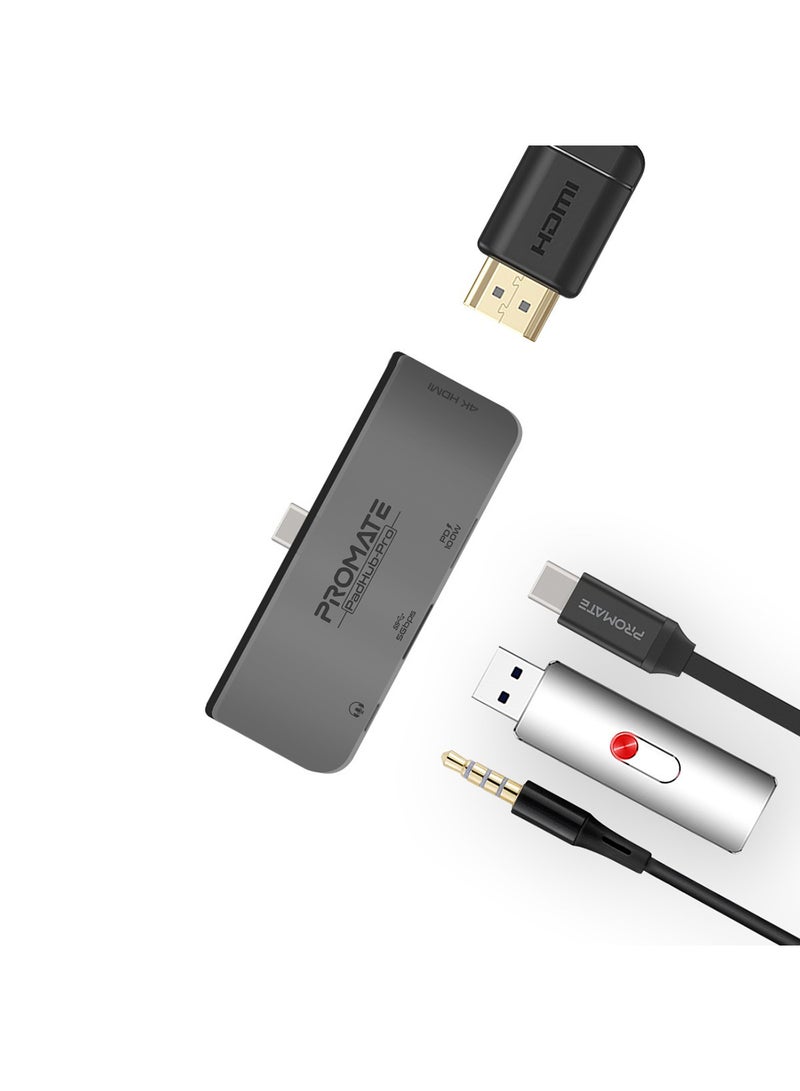 PROMATE - USB-C Hub with 100W Type-C Power Delivery, USB 3.0 Port, 4K HDMI and 3.5mm Port, PadHub-Pro Grey - Image 1