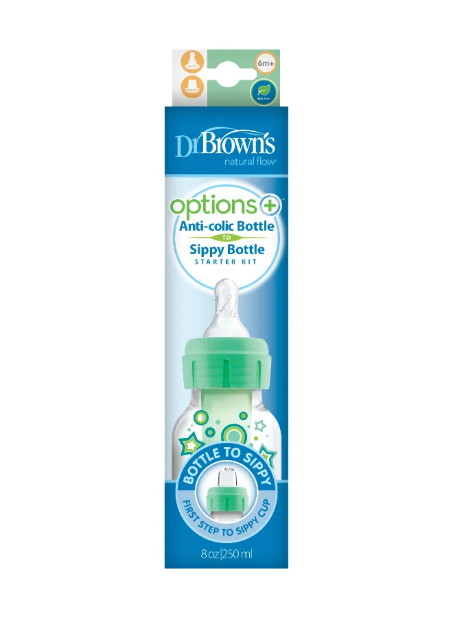 دكتور براونز 8 Oz/250 Ml Anti-Colic Pp Narrow Options+ Bottle To Sippy Starter Kit, Green Stars (+L3 Nipple)