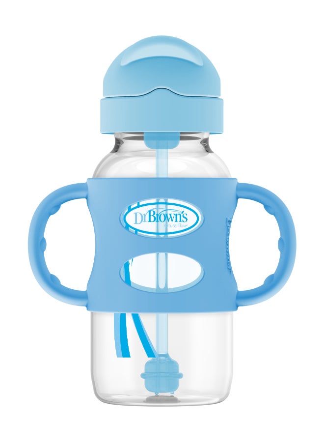 Dr. Brown’s - 9 Oz/270 Ml Anti-Colic Pp W-N Sippy Straw Bottle With Silicone Handles, Blue, 1-Pack - Image 1