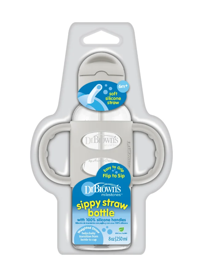 Dr. Brown’s 8 Oz/250 Ml Anti-Colic Pp Narrow Sippy Straw Bottle With Silicone Handles, Gray, 1-Pack