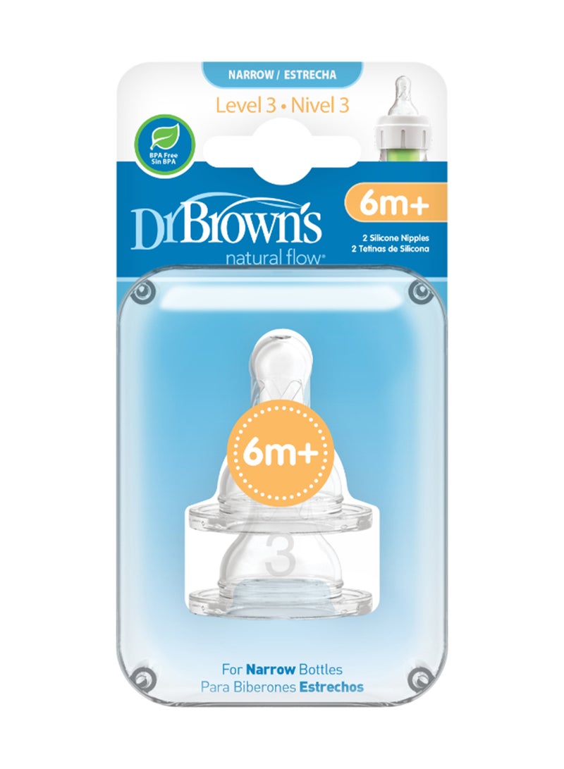 Dr. Brown’s - Pack Of 2 Baby Level-3 Silicone Narrow Neck Anti-Colic Nipples, 6 Months +, Medium-Fast Flow, Fits Narrow Bottles - Image 1